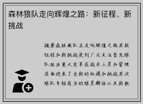 森林狼队走向辉煌之路：新征程、新挑战